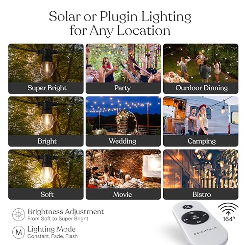 Brightech Ambience Hybrid Outdoor String Lights - Dual Plug and Solar Powered Waterproof LED Light String for Outside - Dimmable Color Changing Edison Bulbs for Camping, Patio, Cafe, Yard - 104ft, 7W - style: Hybrid Super Bright - 104 Feet
