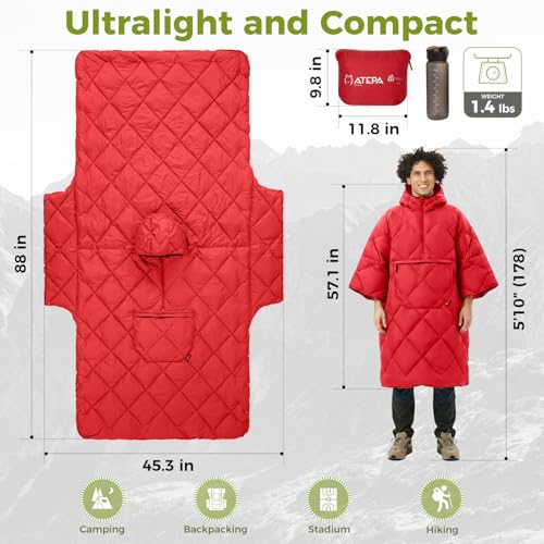 ATEPA Wearable Sleeping Bag, Recycled Water-Resistant Camping Blanket Poncho, Ultralight Packable Stadium Blanket for Outdoor - color: Red
