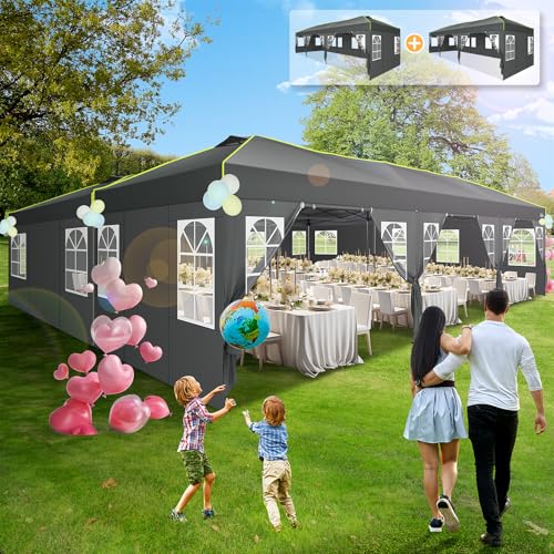 COBIZI 10x30 Pop Up Canopy Tent, Wedding Party Tent with 8 Sidewall One Push Setup Glow, 3 Adjustable Height Air Vent Waterproof UPF50+, Wheeled Bag, Sandbag, Stake, Rope for Commercial, Outdoor - color: Gray, size: 10x30 with 8 Sidewalls