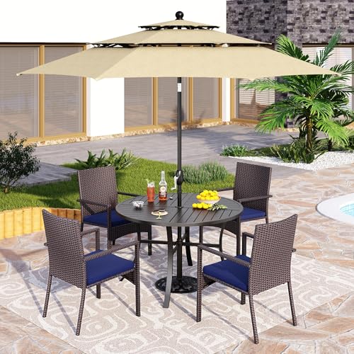 PHI VILLA 5 Pieces Outdoor Dining Set with Umbrella for 4, Round Metal Iron Dining Table & Wicker Chairs with Cushions & Large Beige Umbrella, Morden Dining Furniture for Patio, Deck, Yard, Porch - color: Beige, size: 5PCS 42" Round Table