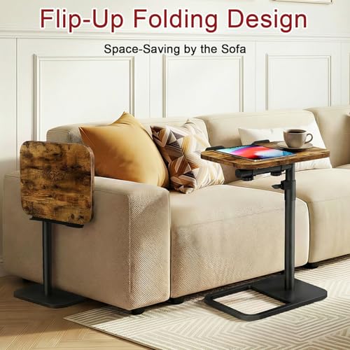 Tv Tray Table Adjustable Height Couch Side Table, Tilt Angle Adjustments-360° Swivel/180° Flip-Over Panel C-Shaped End Table With Tablet Slot, Computer Desk for Chair, Living Room (Rustic Brown) - color: Rustic Brown, style: Tilt C Table