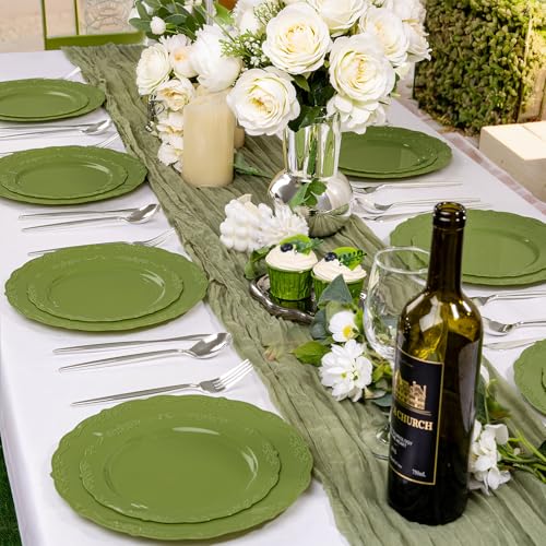 U-QE 100PCS Olive Green Plastic Plates - Plastic Green Plates Disposable Heavy Duty - Olive Disposable Plates for Party Including 50PCS 10'' Dinner & 50PCS 7.5'' Dessert Plate - color: Green