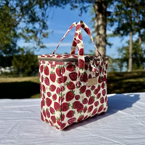 Kwang Min Floral Insulated Lunch Bag for Women,Reusable Lunch Box,Large Cooler for Office,Picnic Outdoors,Premium Quality Waterproof Fabric,Ideal Gift for Outdoors and work (Beige Strawberry) - color: Beige Strawberry