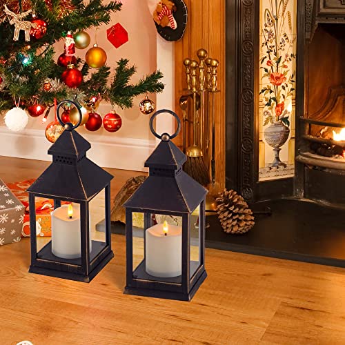 Vintage Golden Brushed Black Lantern Decorative LED Flickering Flameless Candle with Timer, Battery Powered LED Decorative Hanging Lanterns for Indoor Outdoor Garden Yard Home Decor(2 Pack) - color: A-Black gold, size: 2Pack