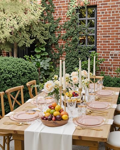 Nervure 350PCS Pink Plastic Plates - Pink Plastic Dinnerware Sets for 50 Guests - 100 Disposable Plates, 150 Gold Silverware, 50 Cups, 50 Napkins Perfect for Wedding & Party & Mothers Day - color: Pink