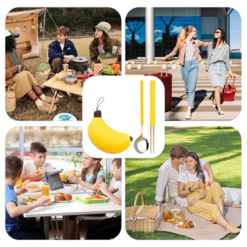 Creative Travel Cutlery Set with Banana Case - Reusable Stainless Steel Spoon, Chopsticks, and Portable Utensils for Office, School, Camping, and Outdoor Activities