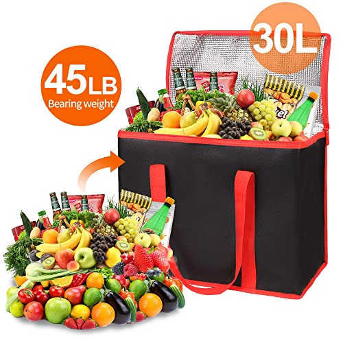 Bodaon 1-Pack Insulated Reusable Grocery Shopping Bags, X-Large Picnic Cooler Bag with Top Cold, Insulated Food/Pizza Delivery Bag (Black-Red Edge) - color: Black-red Edge, size: X-Large