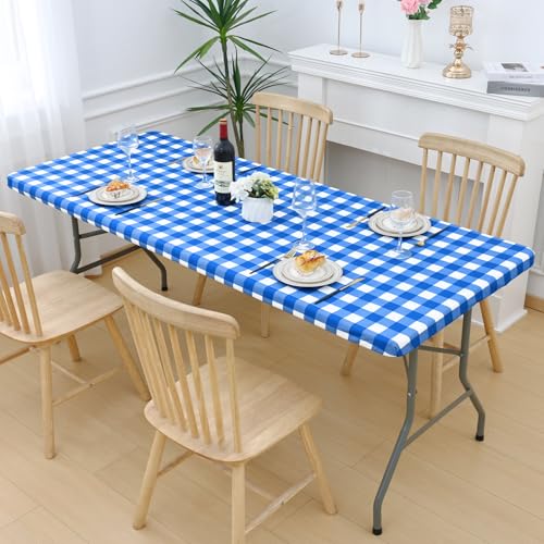 Smiry Picnic Table Cloth 2 Pack, Waterproof Elastic Fitted Tablecloths for 18x72 Rectangle Tables, Washable Polyester Buffalo Plaid Tablecloth for Camping, Dining & Outdoor (Blue & White, 18" x 72") - color: Blue and White, size: 18" x 72"