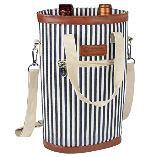 opux Two Bottle Wine Bag Carrier Tote, Insulated Leakproof 2 Bottle Wine Cooler Bag for Travel BYOB Picnic, Portable Wine Case, Gift for Men Women Wine Lover Birthday Party Christmas, Navy Stripes - color: Navy Stripes