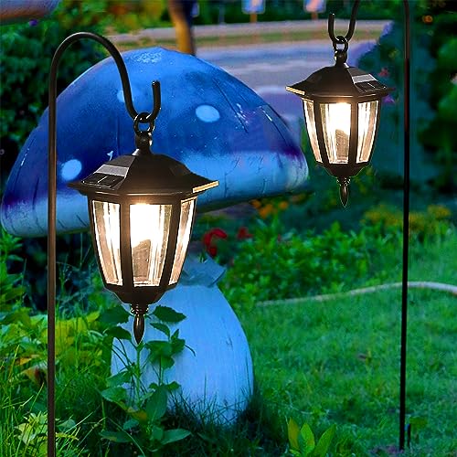 Dynaming 2 Pack Solar Hanging Lights Outdoor, Solar Powered Garden Decorative Lanterns with 2 x 38 Inch Shepherd Hooks, Waterproof Landscape Lighting for Lawn Patio Yard Pathway Driveway, Warm White - size: 2 Pack