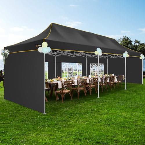 Hoteel 10x30 Pop Up Canopy Tent Heavy Duty with 5 Sidewalls, Waterproof Party Tent, Easy Set-up Commercial Instant Tents with Roller Bag & Sandbags, Hexagonal Leg (1-Year Warranty) - color: Black, size: 10×30 （5 Walls）