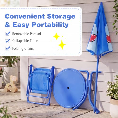 KOTEK Kids Picnic Table with Umbrella, Outdoor Table & 2 Folding Chairs, Cute Pattern Children’s Patio Furniture, Portable Kids Table and Chair Set for Backyard, Garden, Beach (Blue Shark) - color: Blue Shark