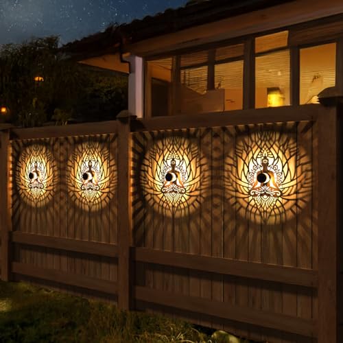4 Pack Solar Fence Lights Metal Solar Powered Outdoor Wall Deck Step Lights Zen Theme Waterproof Fence Light for Garden Post Patio Backyard Yard Decor, Gardening Gifts for Women Mom Grandma - color: Zen, size: 4 Pack