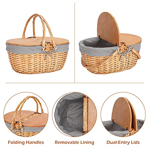 Wicker Picnic Basket with Liner, Wooden Split Lid Picnic Basket, Vintage-Style Picnic Hamper with Folding Woven Handle for Picnic, Camping, Outdoor, Valentine Day, Thanks Giving, Birthday (Grey) - color: Grey Stripe W/Liner