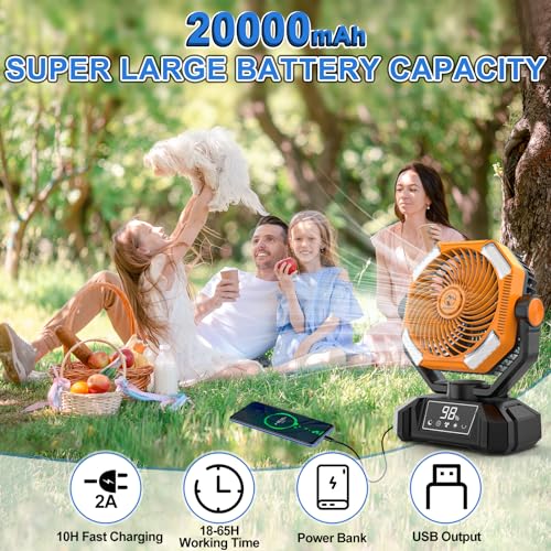 Multper 20000mAh Camping Fan, Up to 65H Long Runtime Battery Powered Fan with 5 Speeds, Oscillating Rechargeable Portable Fan with LED Lantern & Remote, Personal Tent Fan for Jobsite, Fishing, RV - size: 20000mah