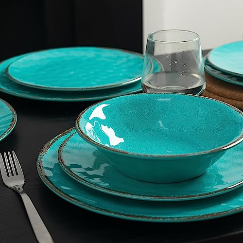 LEHAHA Rustic Melamine Dinnerware Sets, 12-piece Dishes Plastic Dinnerware Set for 4, Break-resistant Plates and Bowls Set, Outdoor Casual & Party Use Kitchen Dishes Set, Teal… - color: Teal