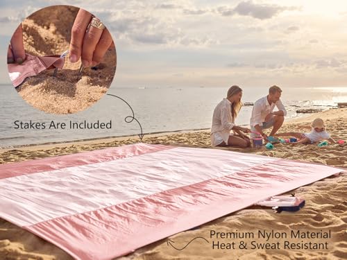 WEKAPO Beach Blanket Sandproof Waterproof, Extra Large Beach Mat, Oversized & Compact Sand Free, Quick Drying Beach Essentials for Vacation, Cruise, Picnic & Camping with Stakes - color: Pink, size: 7x7 FT (1～3 person)