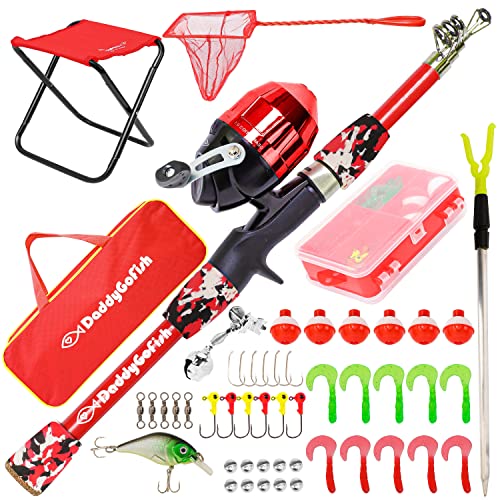 DaddyGoFish Kids Fishing Pole - Rod Reel Combo Tackle Box Starter Set - First Year Small Dock Gear Kit for Boys Girls Toddler Youth Age Beginner Little Children Junior Anglers - color: Red (Complete Set), size: 5ft