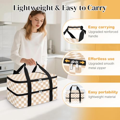 Coobiiya Insulated Casserole Carrier,Lasagna Lugger Tote Keeps Food Hot or Cold,Thermal Lunch Bag Warmer & Cooler Carrier Bag,Portable Tote Bag Fits 9" x 13" Baking Dish for Picnic and Cookout - color: Beige Grid, size: Double Layer: 15.75 × 11.8 × 7.87 i