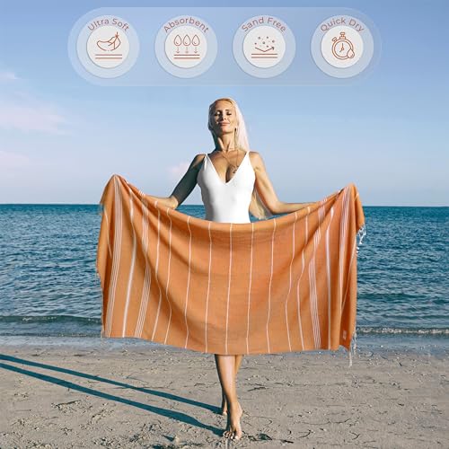 Ossano Turkish Beach Towel Striped & Smart Blend Oversized (39" x 71") - Quick Dry, Versatile and Functional as Picnic and Beach Blanket, Yoga, Pool, Travel and Gym Towels - Orange - color: Orange