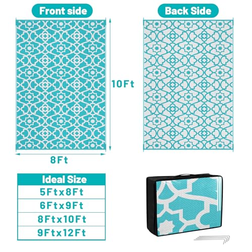 HEBE Outdoor Rug Waterproof 8x10, Plastic Straw Rug Camping Rug, Reversible Outdoor Patio Rugs RV Mat Clearance, Indoor Outside Floor Carpet for Porch,Deck,Camper,Balcony,Backyard - color: Teal, size: 8' x 10' (Rectangular)