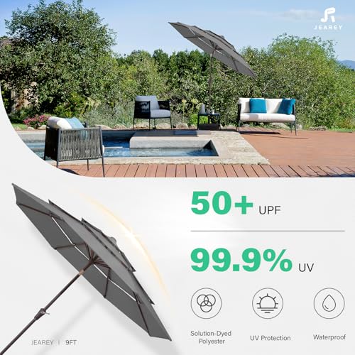JEAREY 9FT 3 Tier Patio Umbrella Outdoor Market Umbrella Table Umbrellas with 8 Ribs 1.5 Pole Push Button Tilt and Crank UV Protection for Garden,Backyard,Gray - color: Gray