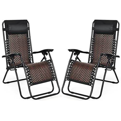 COSTWAY 2PCS Patio Rattan Zero Gravity Lounge Chair Folding Recliner Headrest Brown - color: Brown