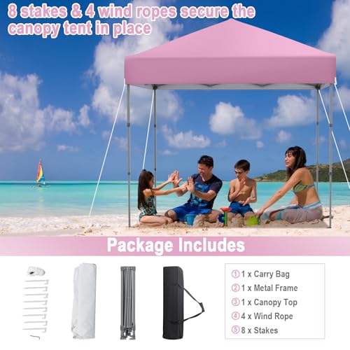 Tangkula 6.6x6.6 Ft Pop Up Canopy, 1 Person Instant Setup Canopy Tent with Center Lock, UPF 50+ Sun Protection, 8 Stakes, 4 Ropes, Portable Outdoor Canopy with Carrying Bag - color: Pink, size: 6.6x6.6FT