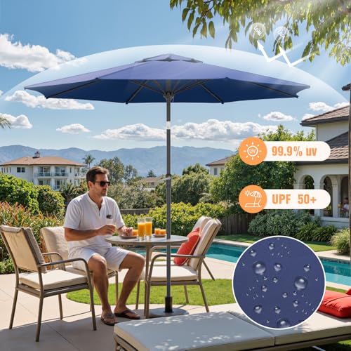 Outdoor Patio Umbrella, Table Umbrella with Push Button Tilt and Crank, 8 Ribs Market Umbrella - color: Dark Blue-Fiberglass Ribs, size: 9FT