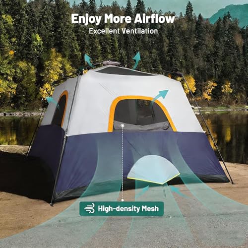 3/4 Person Camping Tent with 1 Door, 4 Windows, and Upgraded Ventilation– Instant Setup, Waterproof, 8'x 8'x 67''Oxford Fabric Floor Pop Up in 60 Seconds Includes Rainfly and Backpack - color: 4 Person -Grey