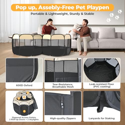 EighteenTek® 2-in-1 Pop Up Cat Playpen, Assembly-Free Dog Puppy Pet Playpen, Indoor Outdoor Cats Enclosed, Cat Tent House Crate Cage, Portable & Foldable Playpen for Kittens(No Divider, Unified Space) - color: Beige, size: S, 55.2"L x 27.6"W x 17"H