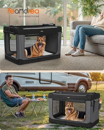 Feandrea Collapsible Dog Crate, 42-Inch Portable Dog Travel Crate for Large Dogs, Oxford Fabric Pet Carrier with 4 Mesh Doors, Handles, Storage Pocket, Water Bottle Holder, Ink Black UPDC021B01 - size: XXL（42"L x 28"W x 28"H)