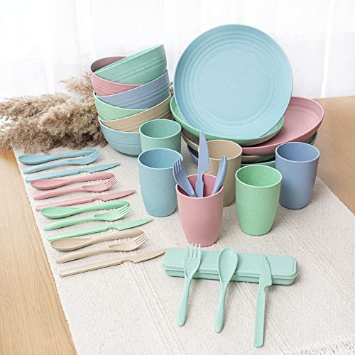 FOODLE Wheat Straw Dinnerware Set - BPA Free & Safety Certified - Lightweight & Unbreakable - Microwave & Dishwasher Safe - Camping, Dorm & RV Dishes - Reusable Kids Plates and Bowls Sets - For 6 - color: Multicolor