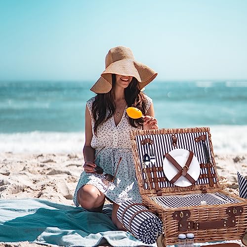 Picnic Basket with Blanket and Wine Pouch for 2 Wicker Picnic Set with Insulated Liner Cooler Bag Hamper for Camping,Wedding - Stripes - color: Stripes With Blanket for 2