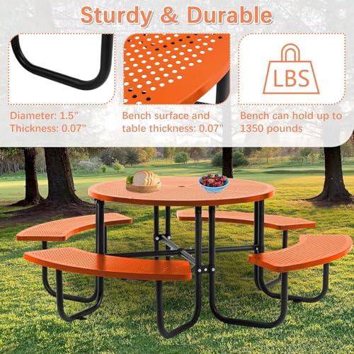 46-inch Orange Round Outdoor Picnic Table with Umbrella Hole Heavy Duty Coated Steel Metal Patio Dining Set for Garden, Courtyard, BBQ & Commercial Use - color: Orange-round