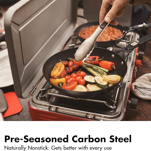 OXO Outdoor 8 Piece Camping Cookware Set, 10" Pre-Seasoned Carbon Steel Frying Pan Skillet, 2.25QT and 5QT Stainless Steel Saucepans with Lids, Removeable Handle, Trivet, Travel Bag, Space-Saving - size: 8 Piece Cookware Set