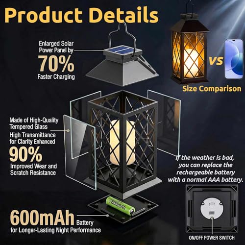 Solar Lanterns Outdoor Waterproof, 2 Pack 9" Glass Hanging Solar Lights with Flickering Flameless Candle, Outdoor Lanterns for Patio Wall Porch Table Garden Tree, Gift for Women Mom - Black - size: Black 9"