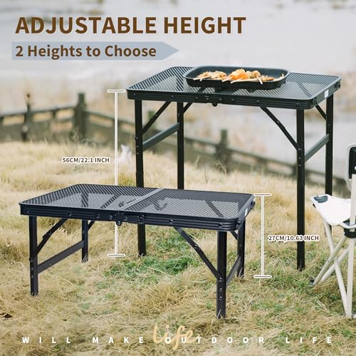 HPC Decor Folding Grill Table-Camping Table with Mesh Desktop,Portable Picnic Table with Carry Handle,27/56cm Height Adjustable Metal Table-Outdoor Grill Table,Folding Table for Outside Inside Use. - size: 2*1.8FT