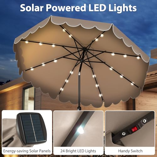 Tangkula 10FT Solar LED Patio Umbrella, 2-Tiers Scalloped Outdoor Table Market Umbrella with 24 LED Lights, Vented Top, Tilt Adjustment, Crank, 8 Ribs for Backyard Poolside Deck Beach Lawn (Coffee) - color: Coffee, size: 10Ft