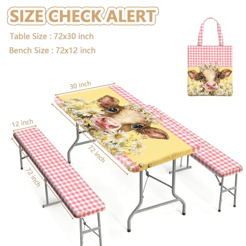 Picnic Table Cover with Bench Covers Elastic Edges, Outdoor Patio Camping Essentials 72 Inch 3PCS, Waterproof Camping Fitted Tablecloth with Handbags (Pink check daisy cow) - color: Pink checkered cow