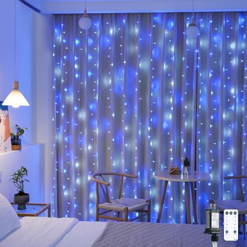 JMEXSUSS 300LED Christmas Curtain Lights Plug in with Remote, Blue and White Christmas Lights Indoor Outdoor, 8 Modes Hanging Fairy String Lights for Bedroom Window Wall Yard Patio Decor, 9.8x9.8ft - color: Blue and White, size: 300 LED