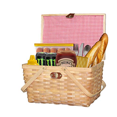 Wickerwise Gingham Lined Woodchip Picnic Basket with Lid and Movable Handles - size: Size: 12. 5" X 7. 5" X 7. 5"
