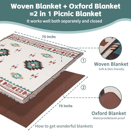 2 in 1 Extra Large Outdoor Picnic Blanket Camping Mat Lightweight Oversized Giant Turkish Boho Beach Mexican Serape Baja Cobijas Mexicanas para Mesa Park Stadium Outside Festival Grass Hammock - color: Boho Green