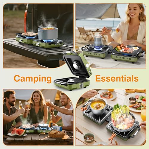 ODSD 2 Burner Camping Stove with Windshield, 20000 BTU Propane Camp Stove, Portable Folding Gas Stove, Camping Essentials Gear Includes Frying Pan, Coffee Stand & Carry Bag, Green - color: Green
