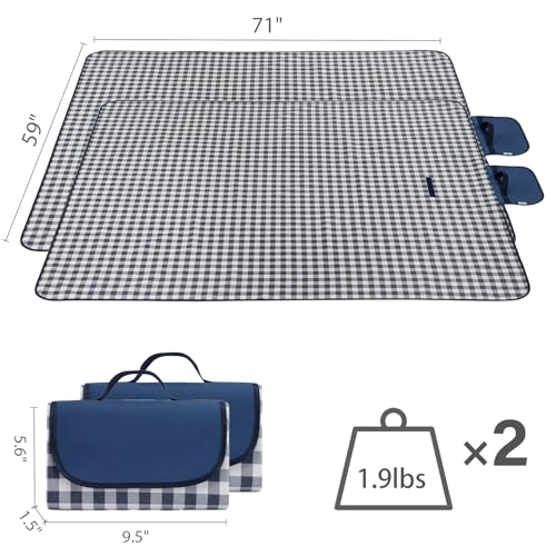 Wind Tour Waterproof Picnic Blanket with Carry Strap - Foldable Sandproof Outdoor Mat for Camping, Beach, Park - 59" x 71",Grey Grid (Two Mat Set) - color: 59” X 71“,grey Grid (Two Mat Set)