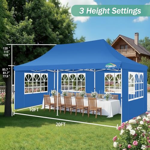 COBIZI 10x20 Pop Up Canopy with 6 Sidewalls, Conical Party Tent 10x20 with 3 Adjustable Height Waterproof, UV-Resistant with Carry Bag, Sandbag, Stake, Ropes for Parties, Commercial (Frame Upgraded) - color: Light Blue, size: 10x20FT