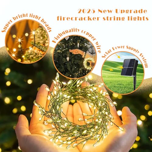 ITICdecor Solar Powered String Lights Outdoor 9.8FT 120 LED Waterproof Firecracker Fairy Lights with 8 Modes Green Copper Wire for Christmas Garden Wedding Patio Garden Yard Decor - color: Warm White, size: Firecracker