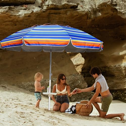 AMMSUN 8 Feet Large Beach Umbrella with Sand Anchor Heavy Duty High Wind Portable Outdoor Umbrellas UV 50+ Protection Air Vent Tilt Patio Garden Pool - color: Red Blue Stripes