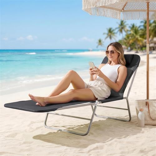 Outsunny Folding Chaise Lounge Pool Chairs, Outdoor Sun Tanning Chairs with Pillow, Reclining Back, Steel Frame & Breathable Mesh for Beach, Yard, Patio, Black - color: Black