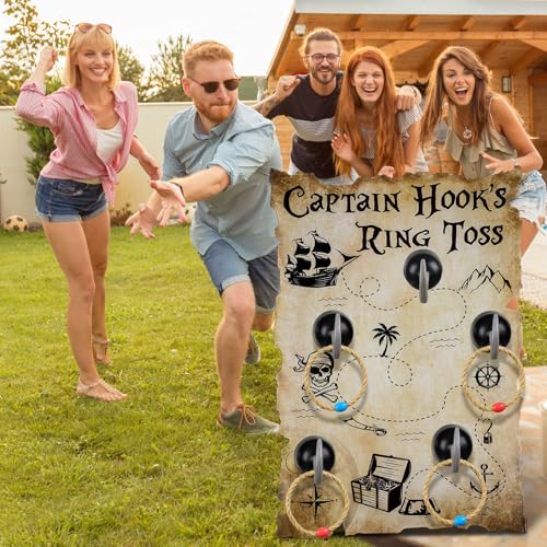Leitee 19 Pcs Hook Ring Toss Game Pirate Party Toss Game with Dice Rope Rings Foam Tapes for Outdoor Yard Sport Party Accessories